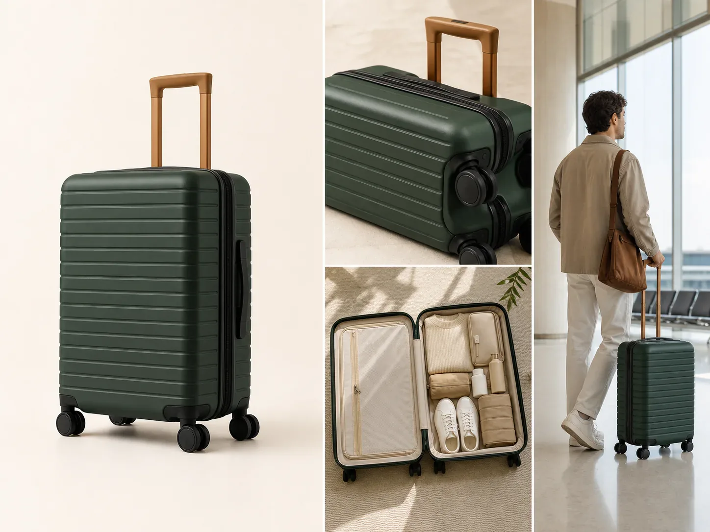 Green carry-on listing set inside an illustrative project workspace